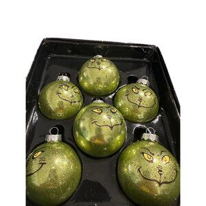 6 Green Glitter Glass Handpainted Grinch Face Christmas Tree Ornaments gift